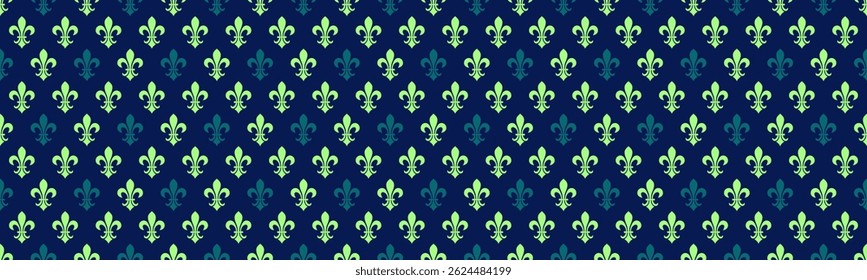 Elegante padrão repetitivo de fleurdelis em verde-escuro e verde-limão sobre um fundo azul-marinho.  Perfeito para designs têxteis, papéis de parede ou fundos de site.