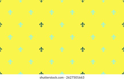 Elegant repeating pattern of fleurdelis in teal and dark green on a sunny yellow background.