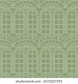 
Elegant repeating pattern inspired by ornate windows and arches, featuring symmetrical grids, decorative scrolls, and a monochromatic green palette with Art Deco influences, English garden inspired