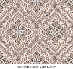 Elegant Repeating Pattern with Intricate Paisley Designs in Beige and Cream