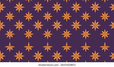 Elegant Repeating Pattern of Ornate Golden Starbursts on a Deep Purple Background with Subtle Gradient Effect
