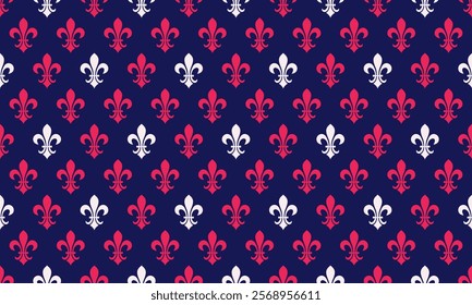 Elegant repeating pattern of red and white fleur-de-lis on a dark blue background. Perfect for website banners, textile designs, or wallpaper.  A sophisticated and versatile design.