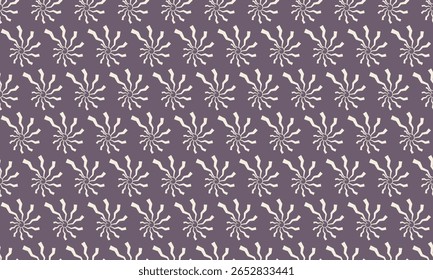 Elegante, padrão repetitivo de sunbursts estilizados em um fundo roxo silenciado.