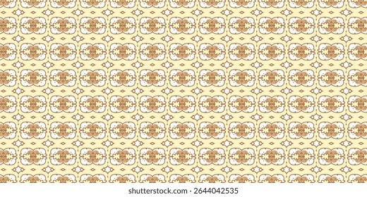Elegant repeating pattern with vintage floral motifs and symmetrical accents in warm beige and brown tones. Perfect for backgrounds, wallpapers, or textiles."
