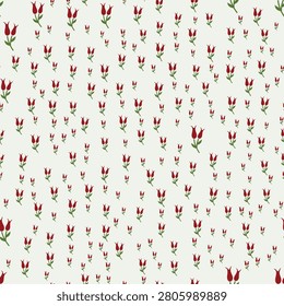 A elegant repeating vector pattern featuring dainty pairs of red tulip buds with green stems