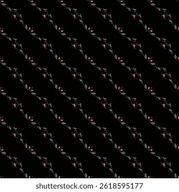 Elegant repetitive floral pattern featuring red and grey branches with leaves on a dark background, ideal for fabric, wrapping paper, and wallpaper design.