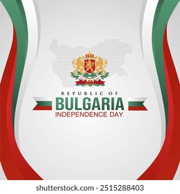 Cartão comemorativo do Dia da Independência da República da Bulgária 2024 com bandeira ondulada, mapa pontilhado, emblema nacional. Bulgária Fundo, Banner, Cartaz, Modelo, Vetor, Ilustração. 