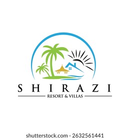 Logotipo Elegant Resort and Villas com palmeiras, telhados e um ícone de sol, perfeito para resorts de luxo, aluguéis de férias e marcas de hospitalidade simbolizando conforto, relaxamento e fuga tropical