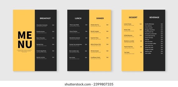 Elegante Speisekarte-Design-Vorlage für das Restaurant. Speisen und Getränke-Design des Menüs Flyer. Vektorgrafik