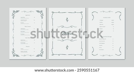 Elegant Restaurant Menu Set with Floral Ornament and Calligraphy. Vintage Wedding and Event Design. Classic Frame. Vector Illustration.