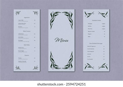 Elegant restaurant menu template with botanical floral elements. Vintage-style layout with delicate leaves and flowers. Perfect for weddings, cafes, and fine dining events. Vector illustration