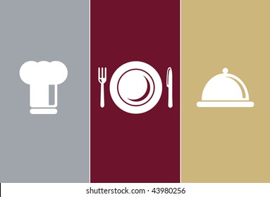 Elegante restaurante Símbolos - gorro de cocinero, cuchillo, tenedor, plato y casserole