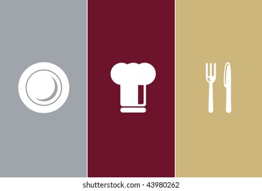 Elegant Restaurant Symbols - cook cap, knife, fork, plate and casserole