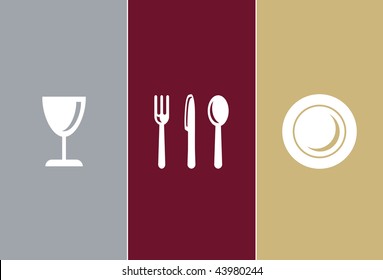 Elegant Restaurant Symbols - whine glass, knife, fork, spoon and plate