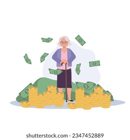 Elegant Retirement Wealth concept. Senior Lady Surrounded by Money. Rich Elderly Woman Enjoying Financial Success