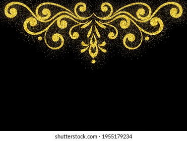 Elegant retro border with flourishes with glitter particles effect. Gold dust sparkling texture. Vintage border. Design template for banner, card, invitation, label, emblem etc. Vector illustration.