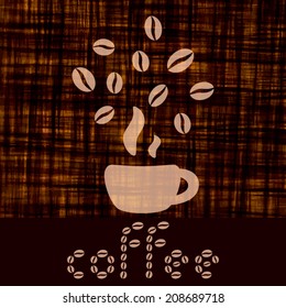 Elegant retro coffee cup and beans on stylish grunge background with text. Vector illustration. Menu for restaurant, cafe, bar, coffeehouse. EPS10.
