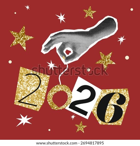 Elegant retro collage of a gloved hand arranging cut-out New Year numbers with gold glitter effect, surrounded by golden halftone stars. Ideal for holiday posters and festive marketing.