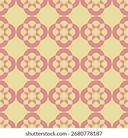 Elegant Retro Floral Geometric Pattern with Interlocking Circular Motifs in Warm Yellow and Pink Tones