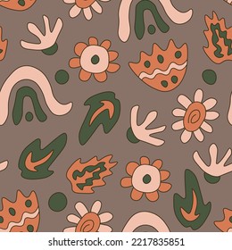 Elegant retro floral seamless pattern. Cute cozy background with hand drawn flowers, wavy leaves, dots and rainbows in retro cartoon style. Vintage groovy print
