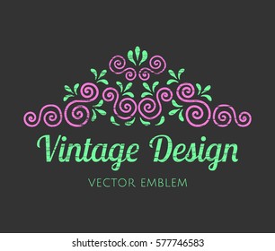 Elegant retro flourish decor. Vintage logo design with worn texture. Baroque style ornament for boutique, restaurant, cafe, flower shop emblem. EPS 10 vector illustration.