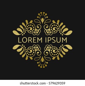 Elegant retro flourish decor. Vintage logo design with gold antique texture. Baroque style ornament for boutique, restaurant, cafe, flower shop emblem. EPS 10 vector illustration. Clipping mask.