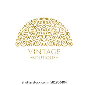 Elegant retro flourish decor. Vintage logo design with gold glitter texture. Baroque style ornament for boutique; restaurant; cafe; flower shop emblem. EPS 10 vector illustration. Clipping mask.