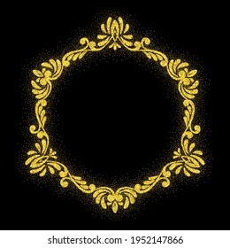 Elegant retro frame with flourishes with glitter particles effect. Gold dust sparkling texture. Vintage border. Design template for banner, card, invitation, label, emblem etc. Vector illustration.