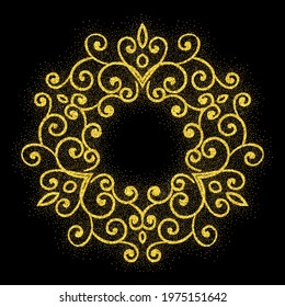 Elegant retro frame with flourishes with glitter particles effect. Gold dust sparkling texture. Vintage border. Design template for banner, card, invitation, label, emblem etc. Vector illustration.