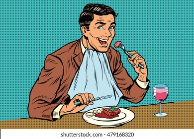 Elegant retro man eats in the restaurant and drinking wine, pop art retro comic book illustration