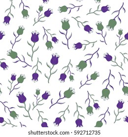 Elegant retro ornament for fabric, textile, wallpaper, wrapping. Vector illustration. Hand drawn bright seamless floral pattern with pretty flowers in green and violet colors on a white.