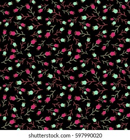 Elegant retro ornament for fabric, textile, wallpaper, wrapping. Vector illustration. Hand drawn bright seamless floral pattern with pretty flowers in orange, magenta and blue colors on a black.