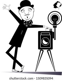Elegant retro photographer with camera illustration. Cartoon smiling photographer in the bowler hat requests attention and photographs black on white
