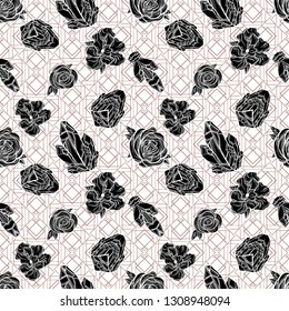 Elegant retro seamless pattern with roses and crystals at geometric background.