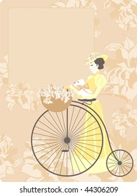 elegant retro style card with an image of the woman with a bicycle and a dog