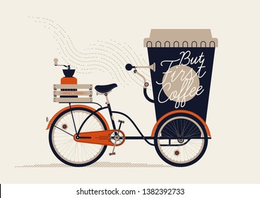 Elegant retro styled figurative vector illustration of take away coffee as giant paper coffee cup bicycle cart with lid, coffee grinder on rack and handwritten lettering. Coffee lovers themed art