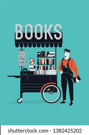 Elegant retro styled vector illustration of bookseller standing next to portable book shop stand. Small bookshop stand with secondhand books. Ideal for book themed graphic and web design