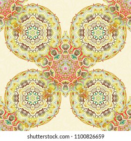 Elegant retro vector seamless pattern. Green, beige and yellow pattern. Vintage sketch.