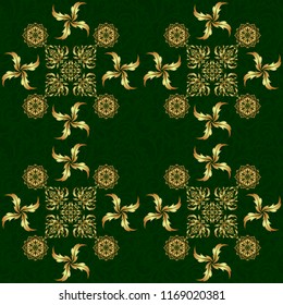 Elegant retro vector seamless pattern. Golden pattern on a green background. Vintage sketch.