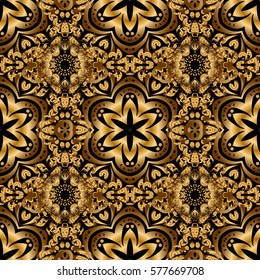 Elegant retro vector seamless pattern. Golden pattern on a black background. Vintage sketch.