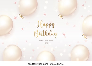 Elegant retro white balloon and godlen ribbon Happy Birthday celebration card banner template background