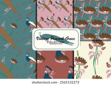 Elegant retro-inspired peacock  seamless pattern bundle  blending Art Nouveau aesthetics with timeless vintage charm, perfect for decor, textiles, and digital art.