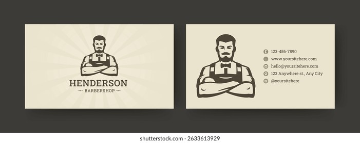 Elegant retro-style business card featuring a barber illustration, contact details, and a vintage logo. Perfect for barbershop branding. Vector illustration