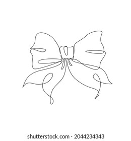 Elegant ribbon bow in continuous line drawing style. Bow knot contour art isolated on white background for gift, birthday, Christmas template design. Hand drawn vector illustration.