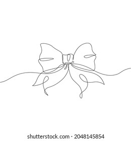 Elegant ribbon bow in continuous line drawing style. Bow knot contour art isolated on white background for gift, birthday, Christmas template design. Hand drawn vector illustration.