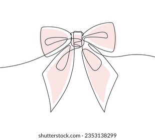 Elegant ribbon bow in continuous line art drawing style. Minimalist black linear sketch isolated on white background.