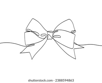 Elegant ribbon bow in continuous line art drawing style. Minimalist black linear sketch isolated on white background.