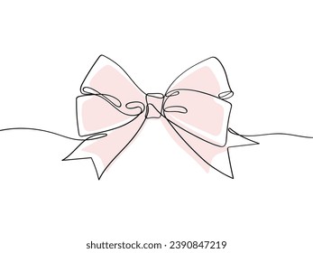 Elegant ribbon bow in continuous line art drawing style. Minimalist black linear sketch isolated on white background.