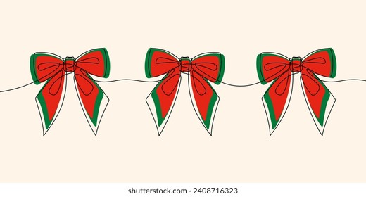 Elegante arco de cinta en estilo de dibujo de línea continua. Esbozo lineal negro minimalista aislado sobre fondo blanco. Ilustración de Navidad o año nuevo.