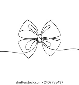 Elegant ribbon bow in continuous line art drawing style. Minimalist black linear sketch isolated on white background.